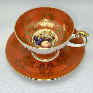 Aynsley Pristine Fine Bone China Piedestal Cup & Saucer Coral Gold Orchard Fruit